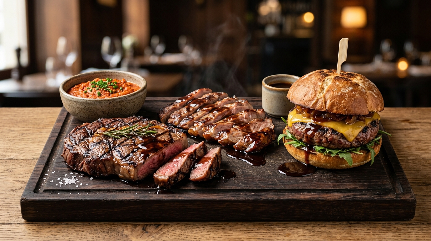 Trilogía Carnívora: Chuletón, Secreto Ibérico y Hamburguesa Moruna con Reducción de Oporto y Puré Rústico de Pimiento